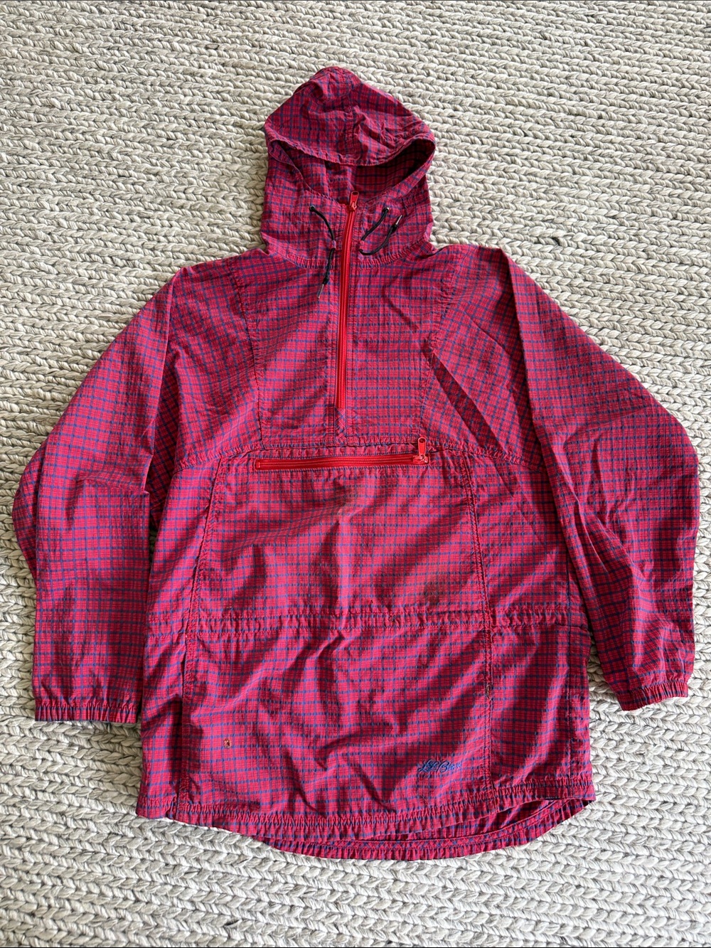 L.L. Bean Red Plaid Hooded Rain Anorak